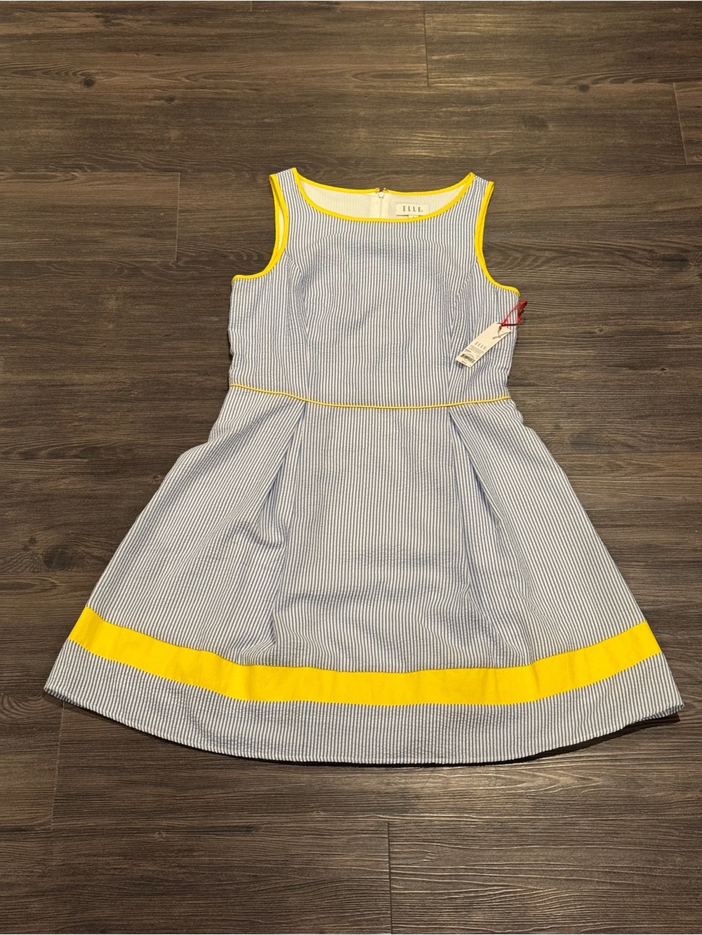 NWT ELLE Blue & White Seersucker Striped Dress with Yellow Trim - Size L